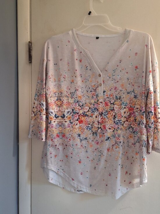 Tops - spring henley neck casual print 3/4 length sleeve